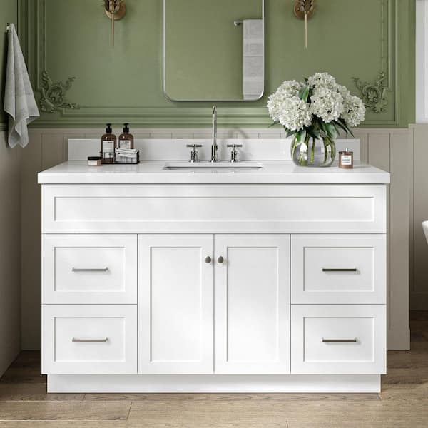 Hamlet 54 in. W x 22 in. D x 36 in. H Bath Vanity in White with Pure White Quartz Top