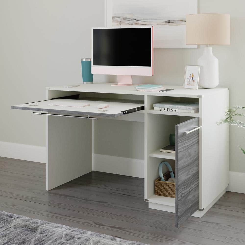 White Engineered Wood Desk with Keyboard Tray and Storage