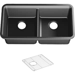 Cairn 33.5 in. Undermount Neoroc Granite Composite Double-Equal Kitchen Sink with Sink Rack in Matte Graphite