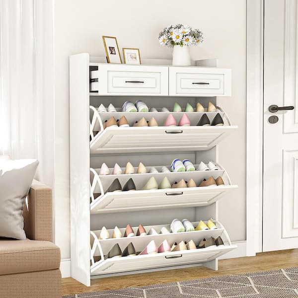 31.5 in. W x 47 in. H 24-Pair White Wood Foldable Shoe Storage Cabinet with 3-Doors, 2-Drawers Shoe Rack Organizer
