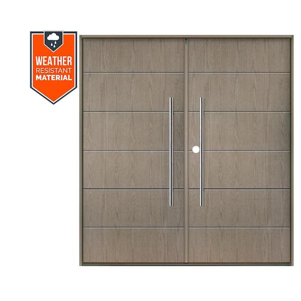 Krosswood Doors TETON Modern Faux Pivot 72 in. x 79 in. Right-Active/Inswing Oiled Leather Stain Double Fiberglass Prehung Front Door