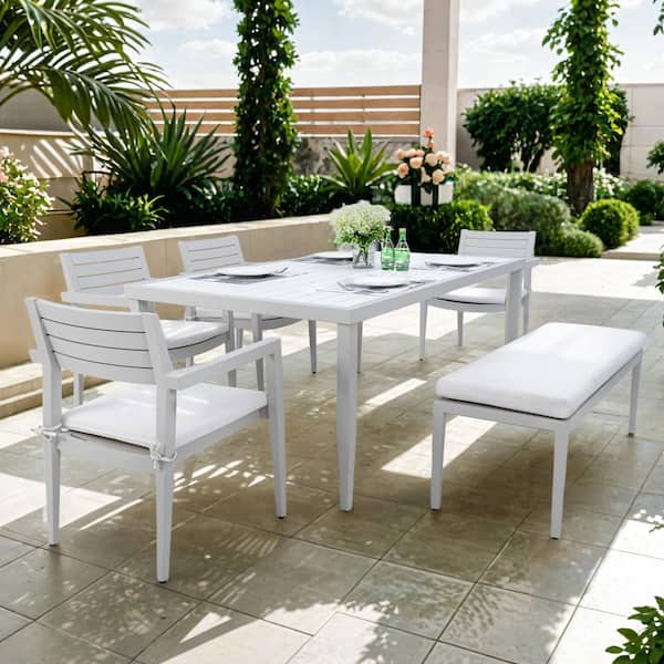 wayofatry 6-Piece Aluminum Outdoor Dining Set with Sunbrella Cushion and Rectangle Table in White and Gray with Umbrella Hole