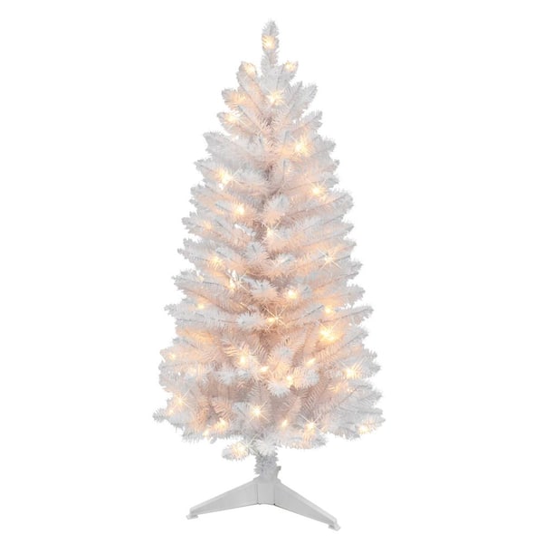Puleo International 4 ft. White Pre-Lit Carson Pine Artificial Christmas Tree with 70 Clear Incandescent Lights