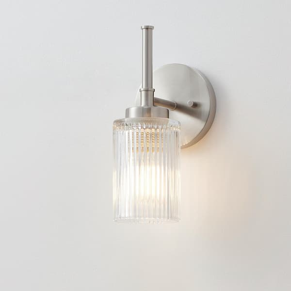 11.5 in. 1-Light Brushed Nickel Wall Sconces with Clear Ribbed Glass Shades and Decorative Tube