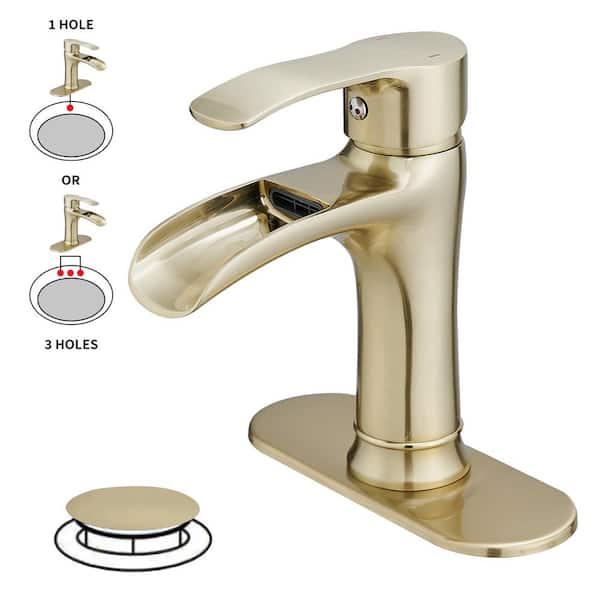 BWE Waterfall Single Handle Single Hole Modern Bathroom Faucet Bathroom Drip-Free Vanity Sink Faucet in Brushed Gold