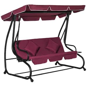 3-Seat Outdoor Wine Red Black Metal Free Standing Swing Bench Porch Swing with Stand, Comfortable Cushion