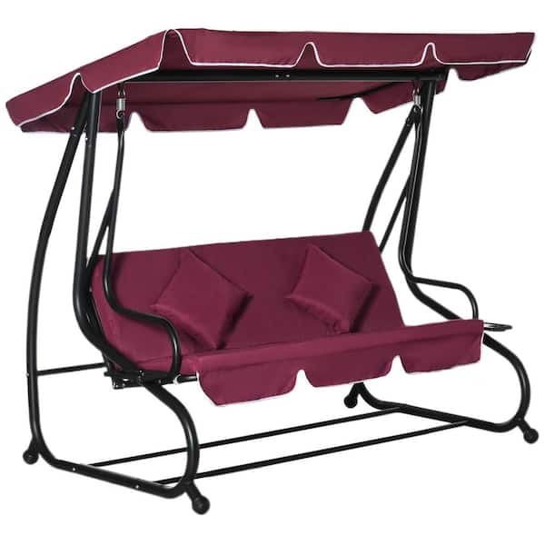 Outsunny 3-Seat Outdoor Wine Red Black Metal Free Standing Swing Bench Porch Swing with Stand, Comfortable Cushion