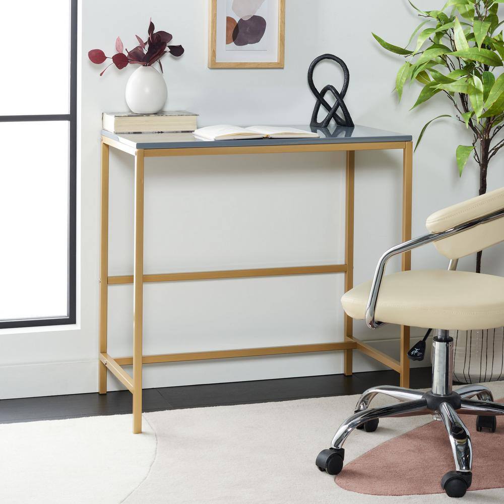 Glossy Light Grey & Gold Scandinavian Wood Writing Desk - 34"