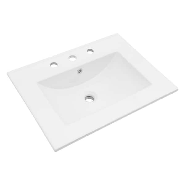 24 in. W x 18 in. D Ceramic Porcelain Rectangular Single Sink Bathroom Vanity Top in White with 3-Faucet Hole