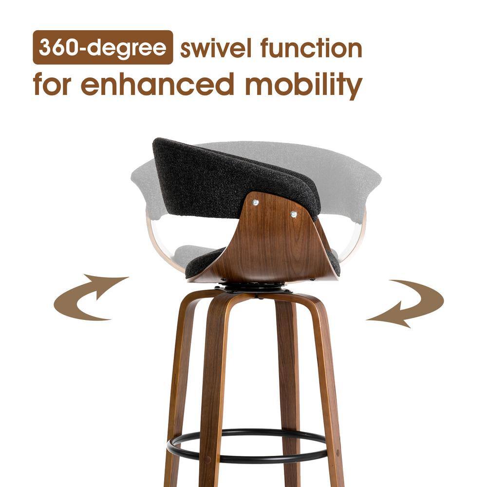 Mid-Century Modern Dark Blue Fabric Walnut Swivel Barstools, Set of 2