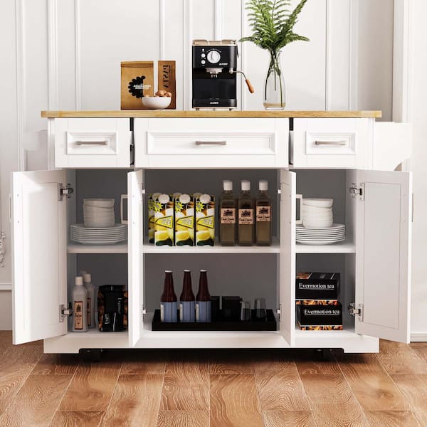 Lycvki White Wood 54.1 in. Kitchen Island on Wheels with 4 Doors