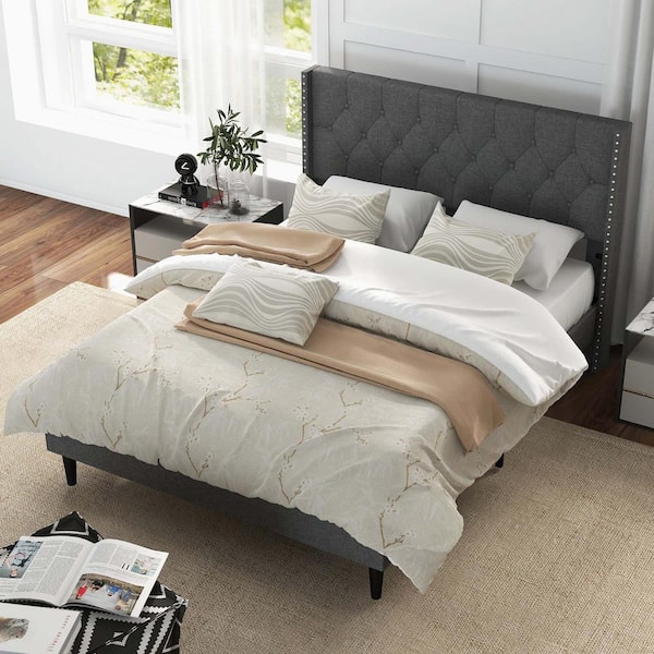 Costway Gray Upholstered Wood Frame Full Platform Bed with