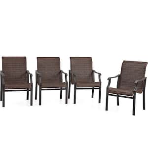 4-Piece Outdoor Rattan Dining Chairs, Coated Metal Frame Rattan Chair with High Back and Armrest