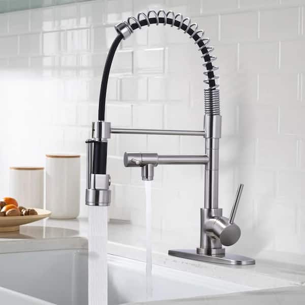 Single Handle Pull Down Sprayer Kitchen Faucet with Brass and 2 Water Modes in Brushed Nickel