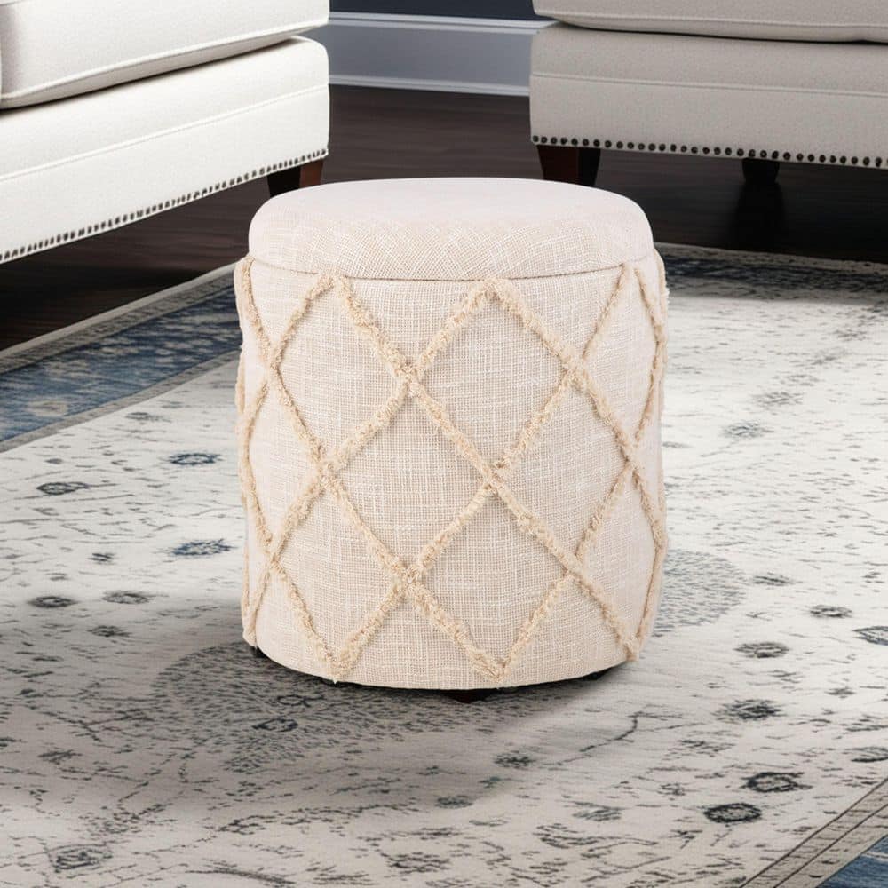 Handwoven Eros X 16 in. Round Tan Cotton Fabric Storage Ottoman