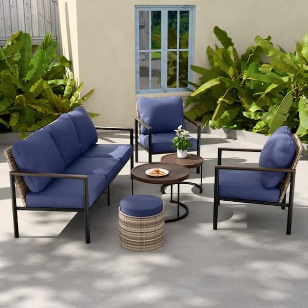 COOS BAY 6-Piece Light Brown Wicker Outdoor Patio Conversation Set with Wood Grain Top Coffee Tables, Ottoman, Blue Cushions