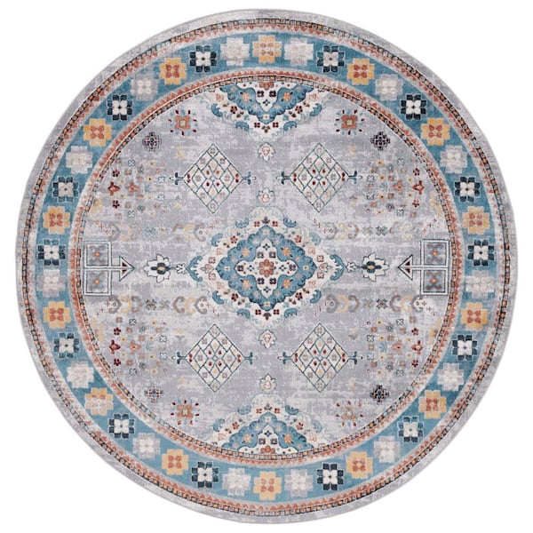 Bayside Light Grey/Blue 7 ft. x 7 ft. Machine Washable Border Medallion Round Area Rug