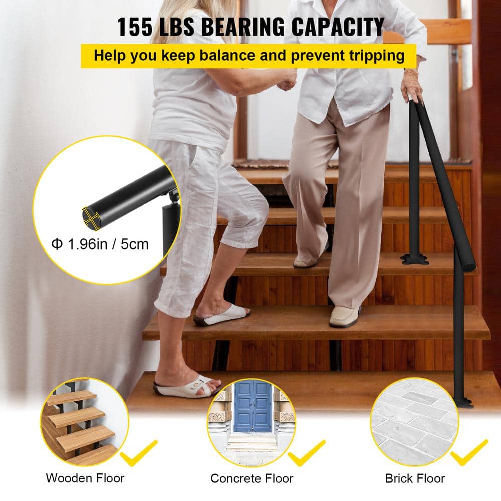 Adjustable Black Aluminum Outdoor Stair Handrail Kit, 5 ft for 0-5 Steps