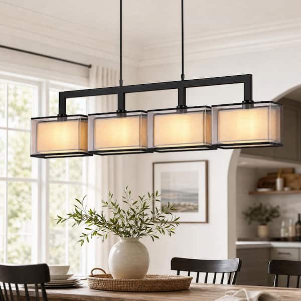 4-Light Black Industrial Rectangular Pendant Chandelier for Kitchen Island, Dining Room, Living Room with E26 Bulbs