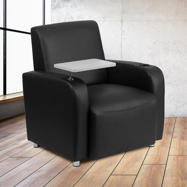 Black George Leather Soft Guest Chair with Tablet Arm and Cup Holder, Modern Upholstered Tablet Arm Chair for Offices