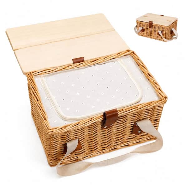 17-Piece Flower Natural Willow Wicker Picnic Basket Set with Folding Table, Waterproof Blanket and Insulated Wine Bag
