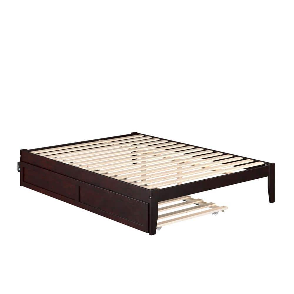 Espresso Queen Platform Bed with Upholstered Trundle and USB Charger