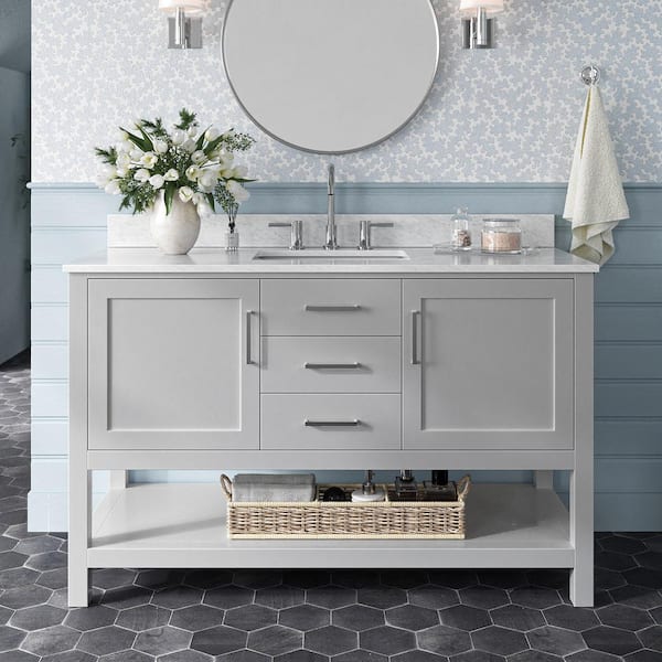 ARIEL Bayhill 55 in. W x 22 in. D x 35.25 in. H Freestanding Bath Vanity in Grey with Carrara White Marble Top