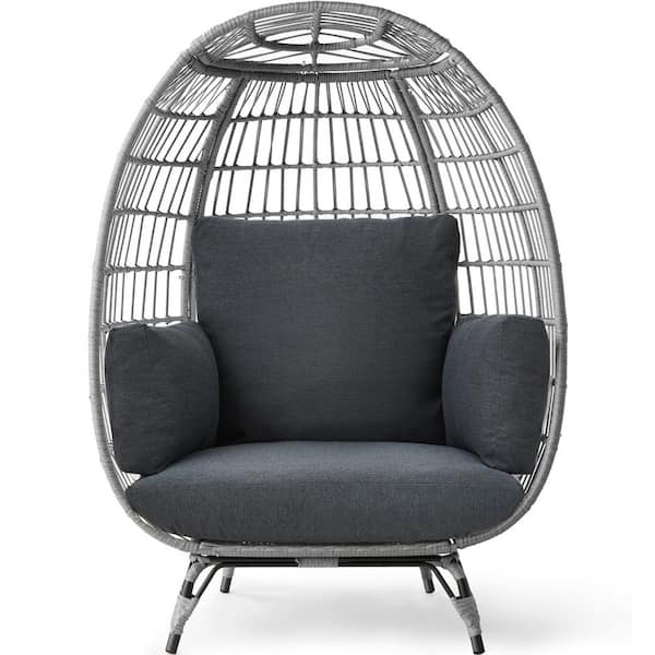 Oversized Egg Wicker Indoor Outdoor Lounge Chair with Charcoal Cushions, Steel Frame, 440 lbs. Capacity