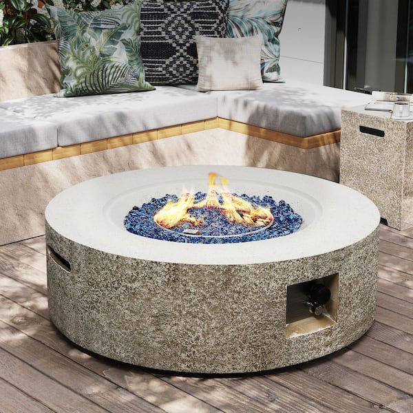 42 in. Round Magnesium Oxide Outdoor Fire Pit Table with Tank Cover and Rain Cover in Beige