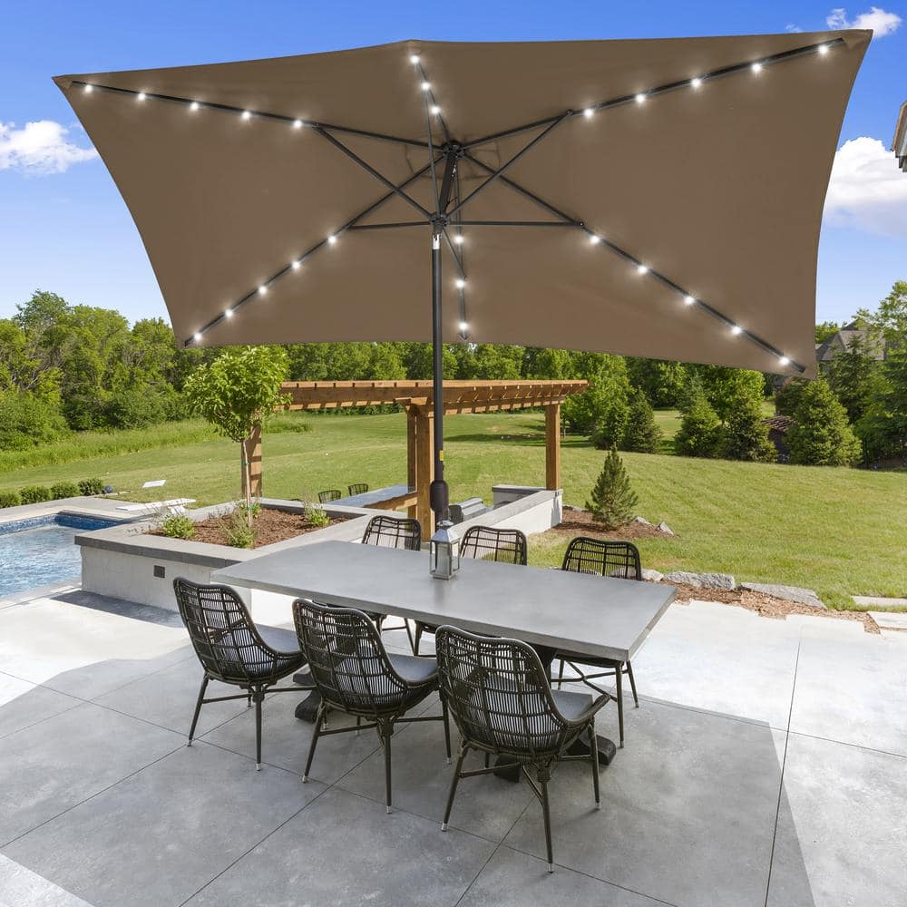 Sonkuki Solar LED 10 ft. x 6.5 ft. Aluminum Patio Rectangle Market Umbrella in Taupe with Push-Button Tilt