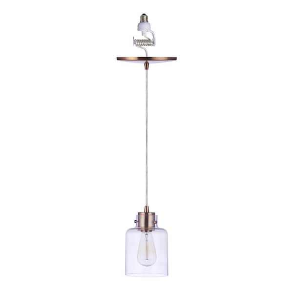 Worth Home Products WHP 1-Light Recessed Light Conversion Kit Satin Brass Shaded Pendant Light with Modern Cylinder Clear Glass Shade