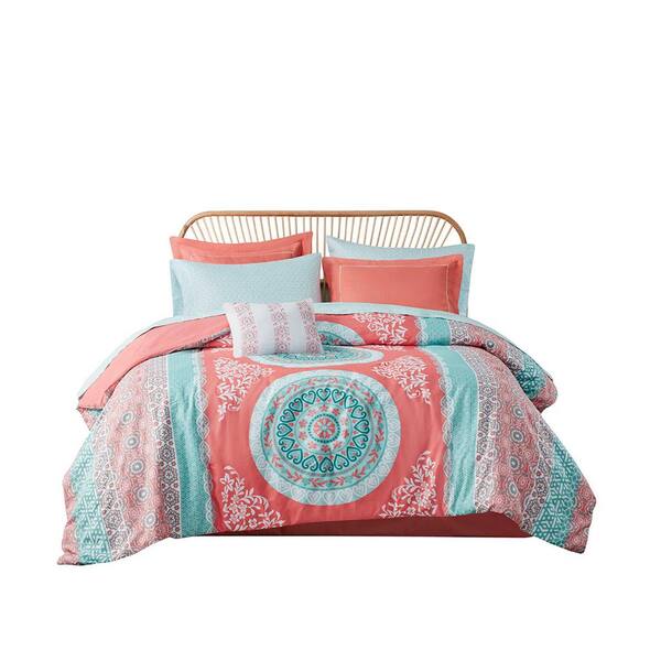 Afoxsos 9-Piece Bed-in-a-Bag Set Coral Queen Size with Bed Sheets Boho Comforter Set, Pink