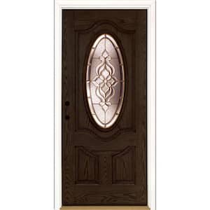 37.5 in. x 81.625 in. Lakewood Brass 3/4 Oval Lite Stained Walnut Oak Right-Hand Inswing Fiberglass Prehung Front Door