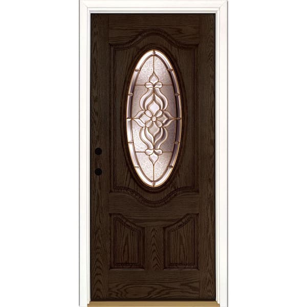 Feather River Doors 37.5 in. x 81.625 in. Lakewood Brass 3/4 Oval Lite Stained Walnut Oak Right-Hand Inswing Fiberglass Prehung Front Door