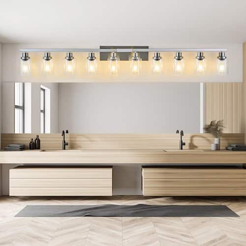 65 in. 10-Light Brushed Nickel Bathroom Vanity Light Fixture with Clear Glass Shades, no bulbs included Lasaideal Vanity Lighting