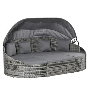 4-Pieces Patio Steel PE Wicker Outdoor Chaise Lounge Set, Round Sofa Bed with Canopy, Grey Cushions and Pillows