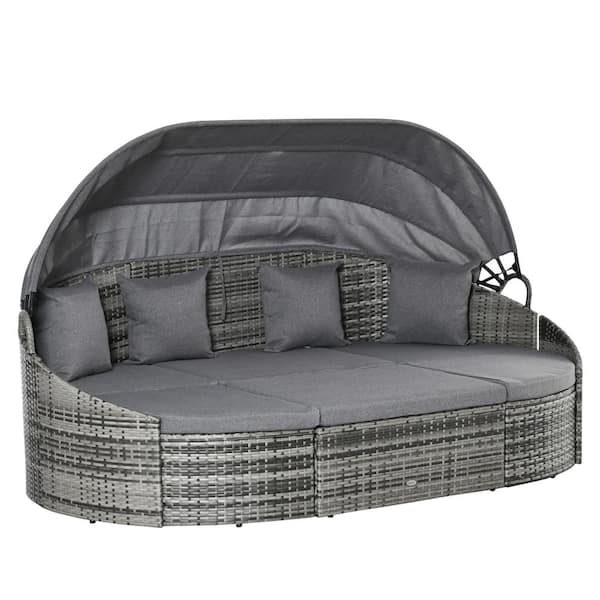Outsunny 4-Pieces Patio Steel Wicker Outdoor Chaise Lounge Set, Sofa Bed with Canopy, Grey Cushions and Pillows 862-048LG - The Depot