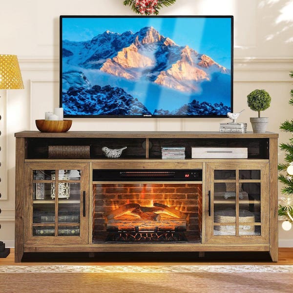 55 in. Freestanding Electric Electric Fireplace TV Stand with 23 in. Fireplace Insert, KD Inserts Heater in Barnwood