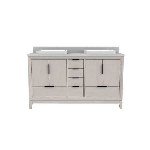 Home Decorators Collection Amber 60 in. W x 22 in. D x 35 in. H Bath Vanity in Cerused Natural Oak with White Engineered Top and Sink