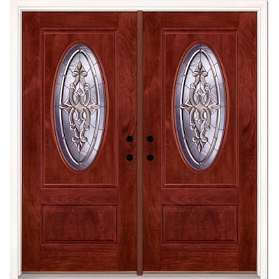74 in.x81.625 in. Silverdale Zinc 3/4 Oval Lite Stained Cherry Mahogany Right-Hand Fiberglass Double Prehung Front Door