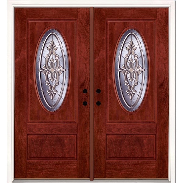 Feather River Doors 74 in.x81.625 in. Silverdale Zinc 3/4 Oval Lite Stained Cherry Mahogany Right-Hand Fiberglass Double Prehung Front Door