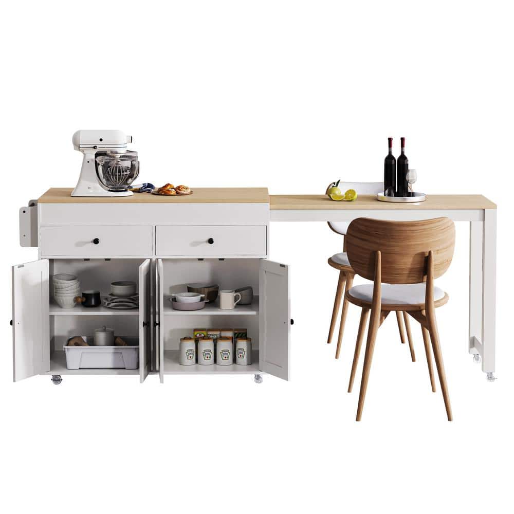 74.5 in. White Kitchen Cart Island with Extendable Table, Spice Rack, Drawe
