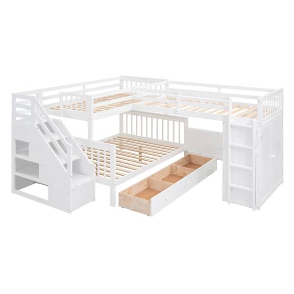 White Twin-Twin Over Full L-Shaped Bunk Bed With 3-Drawers, Portable Desk and Wardrobe