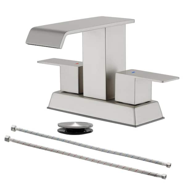 4 in. Centerset Double Handle Bathroom Faucet with Drain Kit Included，Wide Waterfall Spout Faucet in Brushed Nickel