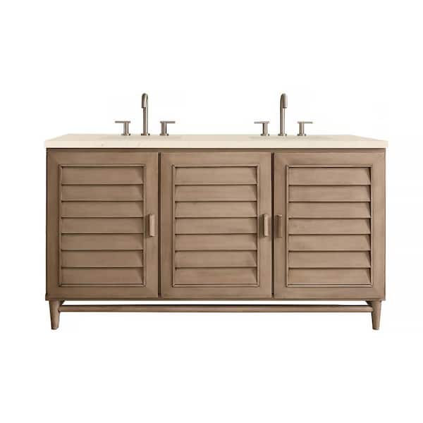 James Martin Vanities Portland 60 in. W x 23.5 in. D x 34.3 in. H Bath Vanity in Whitewashed Walnut with Eternal Marfil Quartz Top and Basin