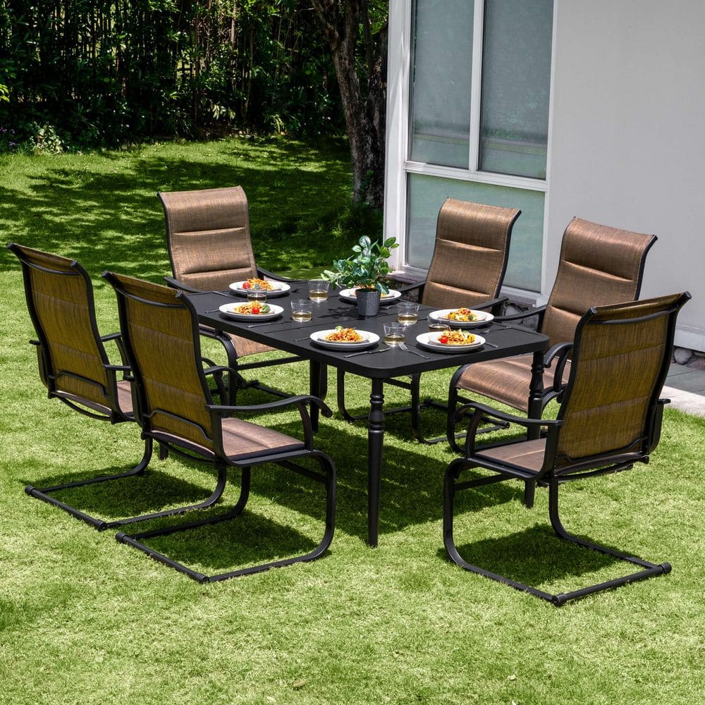 Black 7-Piece Metal Rectangle Outdoor Dining Set with 6 C-Spring Motion Padded Textilene Chairs and Umbrella Hole price history on PriceWatchPro