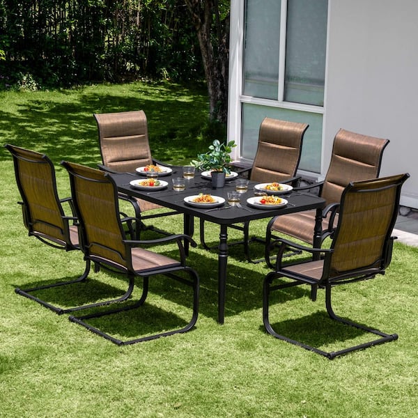Black 7-Piece Metal Rectangle Outdoor Dining Set with 6 C-Spring Motion Padded Textilene Chairs and Umbrella Hole