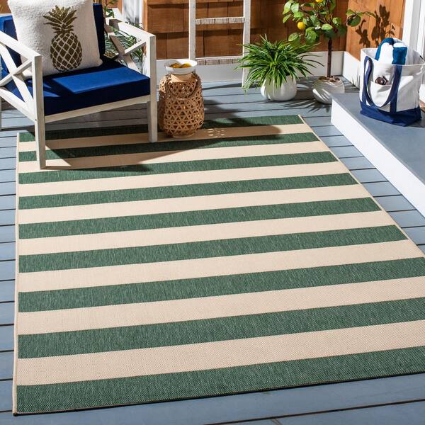 Courtyard Beige/Dark Green 5 ft. x 8 ft. Awning Stripe Indoor/Outdoor Area Rug