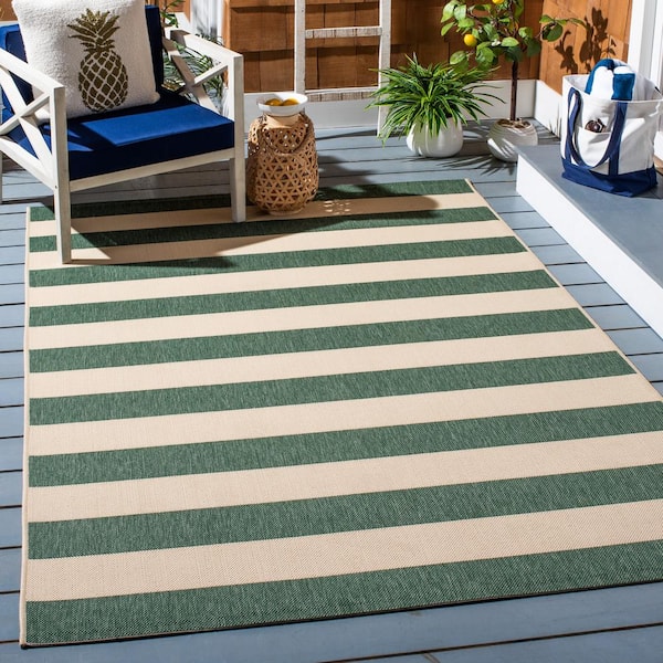 Courtyard Beige/Dark Green 9 ft. x 12 ft. Awning Stripe Indoor/Outdoor Area Rug