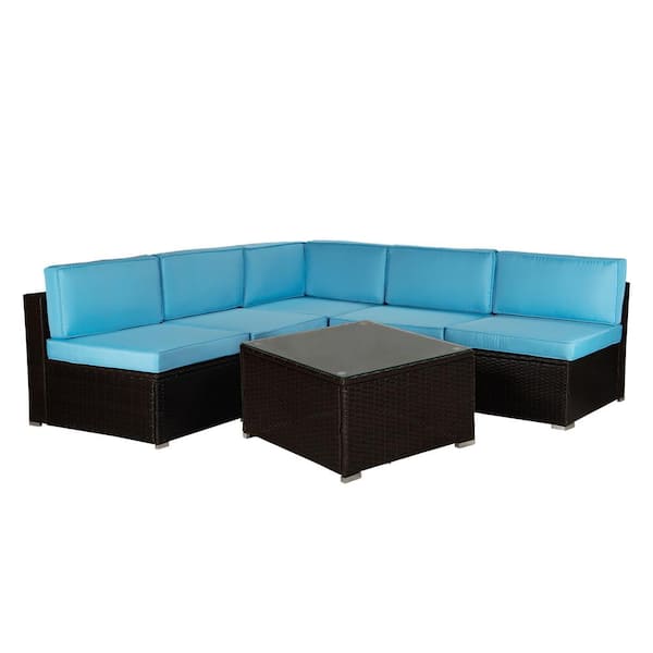 Willit Brown 6-Piece Wicker Patio Conversation Sectional Seating Set with Blue Cushions